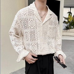 HEARUJOY  -  New Chic Men Hollow Out Cardigan Tops Light Luxury Korean Style Long Sleeve Shirts Casual Retro Solid Color Button-down Blouse