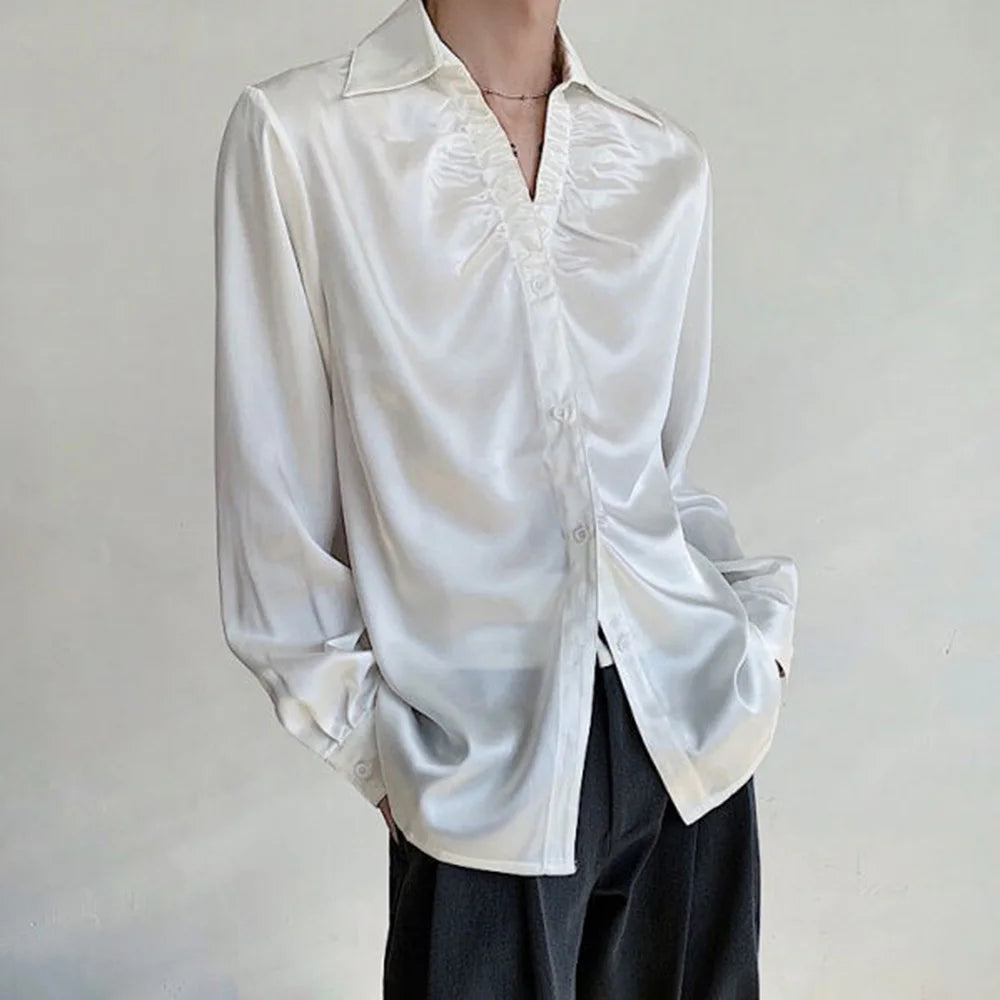 HEARUJOY  -  Mens Shirt Shiny Satin V-Neck Casual Shirt Spring Streetwear Fashion Versatile Sexy Long Sleeve Top Men'S Clothing