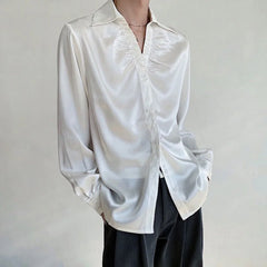 HEARUJOY  -  Mens Shirt Shiny Satin V-Neck Casual Shirt Spring Streetwear Fashion Versatile Sexy Long Sleeve Top Men'S Clothing