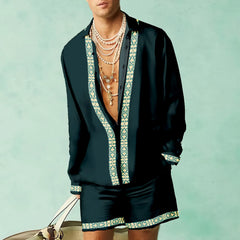 HEARUJOY  -  3D Leopardl Print Men Beach Suits Long Sleeve Lapel Shirts And Shorts Two Piece Set Fashion Hawaiian Casual Loose Outfits