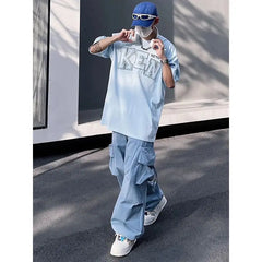 Hearujoy Y2K Cargo Pants for Men Hip Hop Harajuku Parachute Cargo Trousers Male Blue Japanese Loose Casual Streetwear Hip Hop