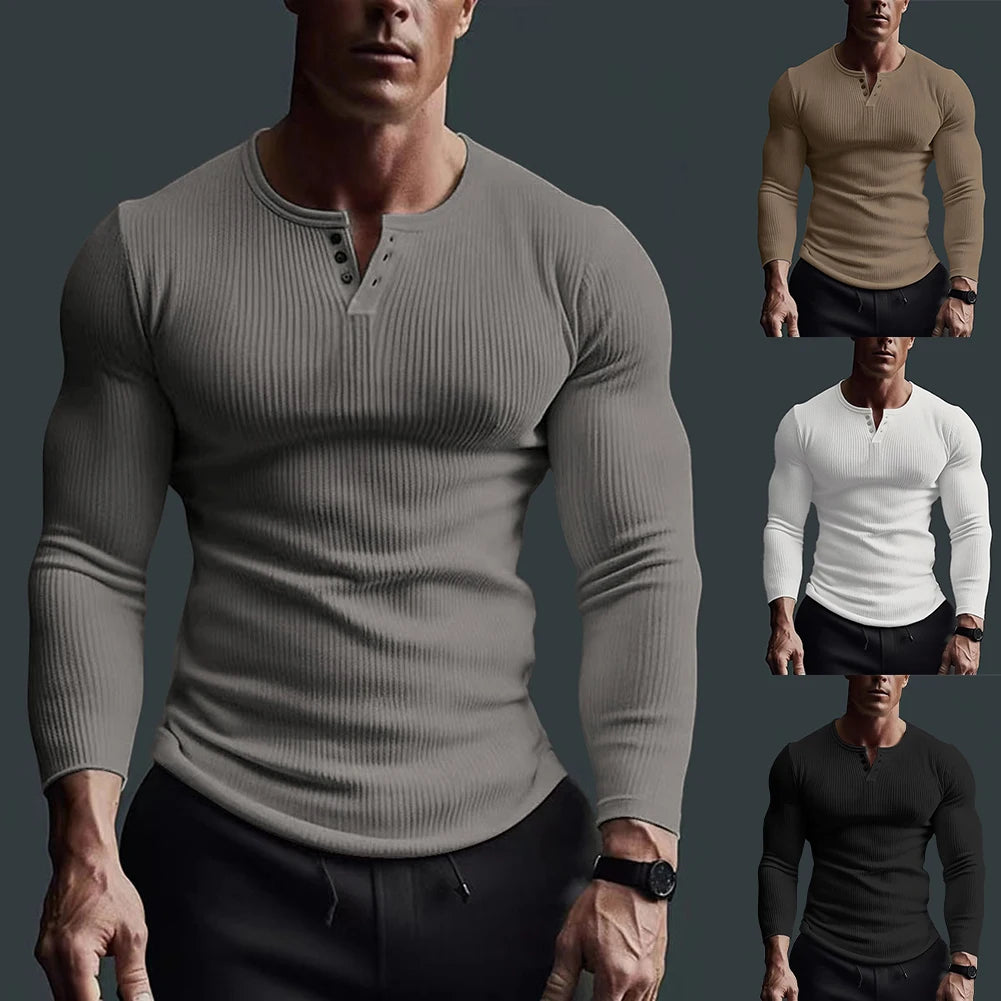 HEARUJOY  -  Tops Men T-Shirt Black/White/Grey Autumn/Winter Fitness Shirts High Elasticity Large Size Long Sleeve Solid Color Hot Sale