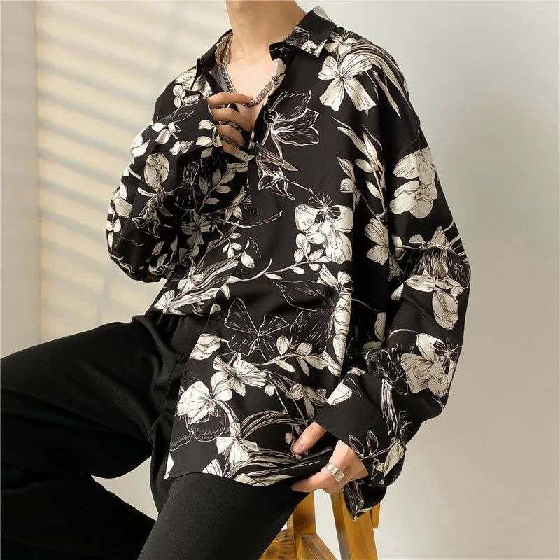 Hearujoy Summer Floral Shirt Men Fashion Printed Casual Ice Silk Shirt Men Streetwear Loose Long Sleeved Shirt Mens Hawaiian Shirts M-3XL