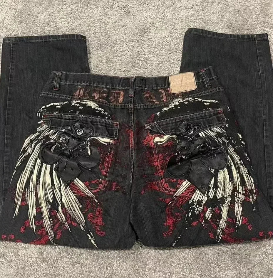 Hearujoy Vintage Jeans New Y2K Fashion Hip Hop Wing Embroidery Baggy Jeans Men And Women Streetwear Loose High Waist Wide Leg Denim Pants
