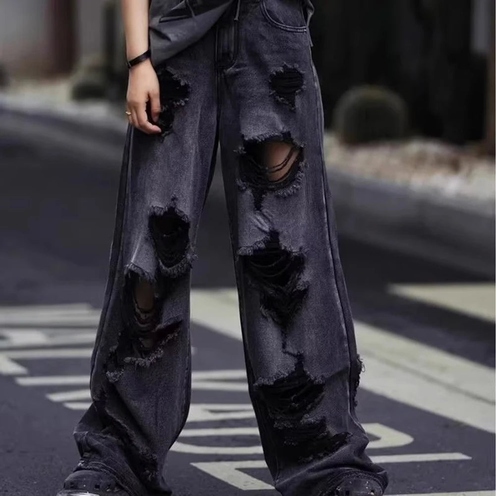 HEARUJOY  -  Men Vintage High Waist Baggy Hole Pants Fashion Hip Hop Gothic Wide Leg Jeans Casual Loose Trouser 2025
