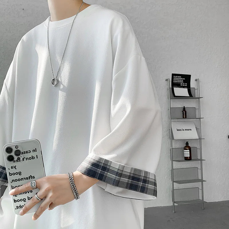 Hearujoy Spring Summer Men's T-shirts Women Oversized 2XL Korean Style Loose Plaid T-shirt Casual Seven sleeves T-Shirt Male White