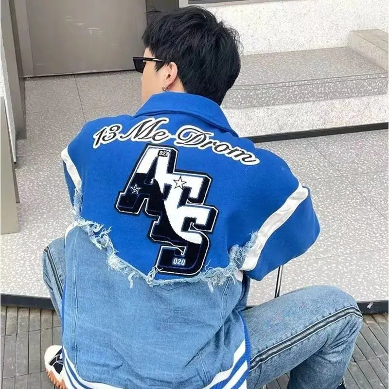 Hearujoy Retro Harajuku Patchwork Y2k Baseball Jean Jacket Casual Loose Couple Coat Hip Hop High Street Denim Jacket Women Streetwear