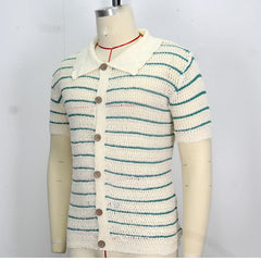 HEARUJOY  -  Men Luxury Hollow Knitwear Polo Shirt Short Sleeve Casual Streetwear Button Down Breathable Striped Contrast Knit Cardigan Tops