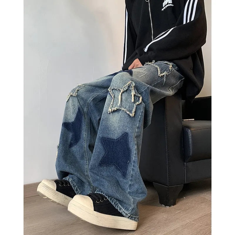 Hearujoy Star Embroidery Patchwork  Jeans Men Straight Casual Autumn New Wide Leg Hip-hop Fashion Youth Neutral Streetwear Denim Trousers