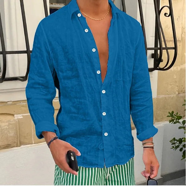 HEARUJOY  -  Men Seaside Beach Vintage Solid Cardigans Top Spring New Casual Linen Shirts Mens Long Sleeve Button-up Turn-down Collar Shirt