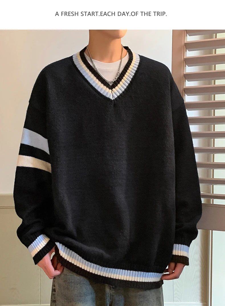 HEARUJOY  -  Preppy V-neck Sweater for Men Couples Pullovers Ins Knitted Top Autumn Korean Trendy Loose-fit Line Clothes for Students Youth