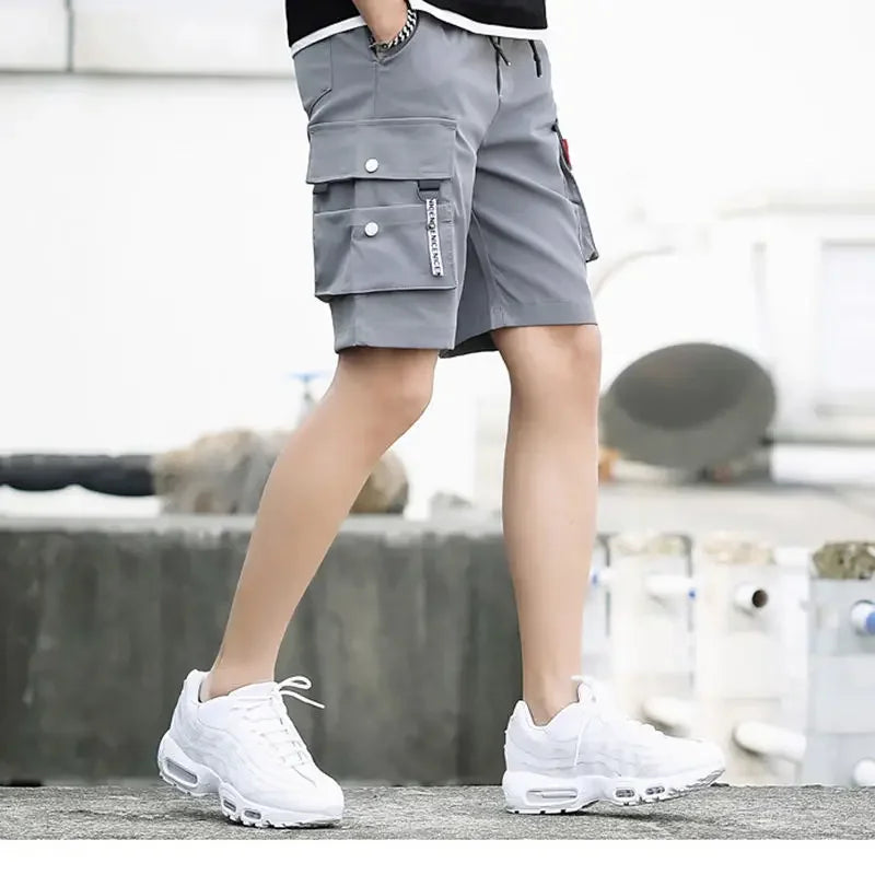HEARUJOY  -  Oversize Wide Multi Pocket Loose Baggy Short Pants for Men Solid Big Size Elastic Waist Mens Cargo Shorts Hevy Whate Cotton Tall