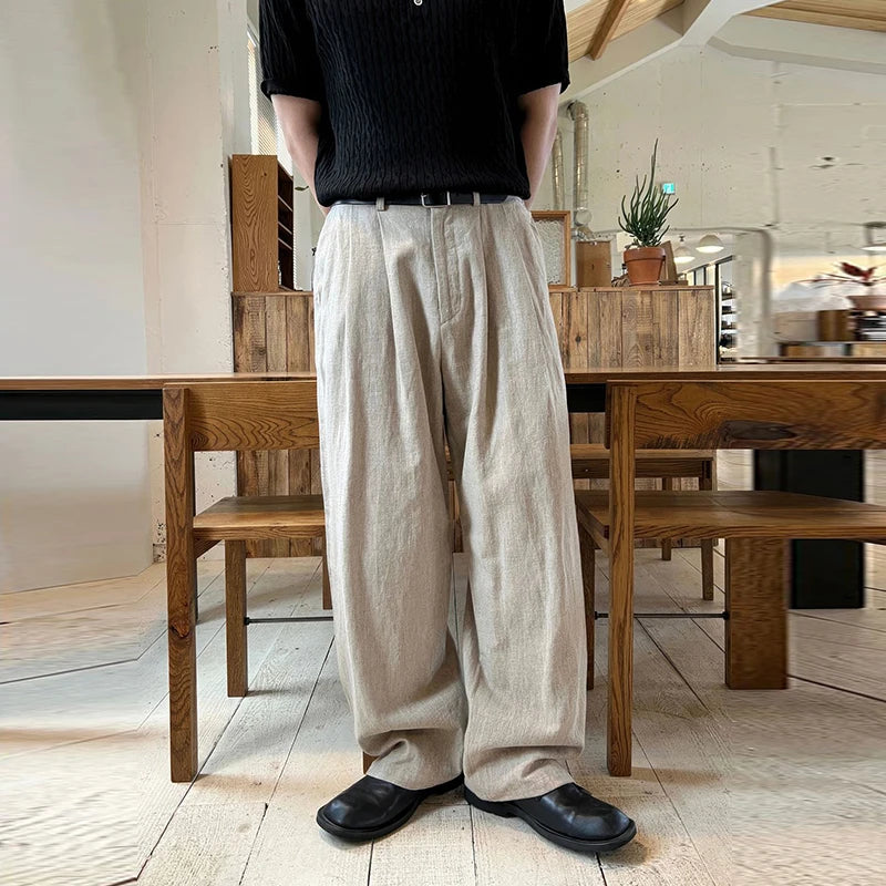 HEARUJOY  -  Men's Korean Light Luxury Draped Linen Wide Leg Pants Leisure Button-down Solid Color Straight Premium Elegant Sweatpants M-3XL
