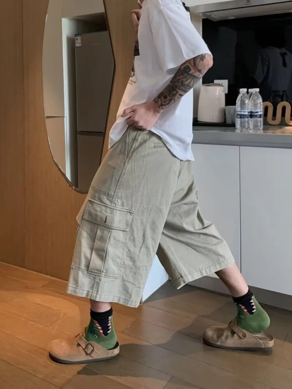 HEARUJOY  -  Cargo Cropped Pants Mens Summer New Multiple Pockets Casual Wide Leg Tooling Shorts Street Retro Paratrooper Overalls Thin