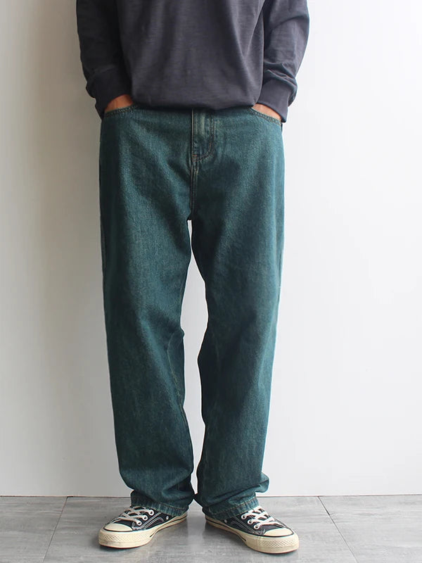 HEARUJOY  -  Spring/Fall Forest Green American Vintage Washed Jeans for Men Distressed Retro Style Straight-Leg Loose Fit Casual Denim Pants