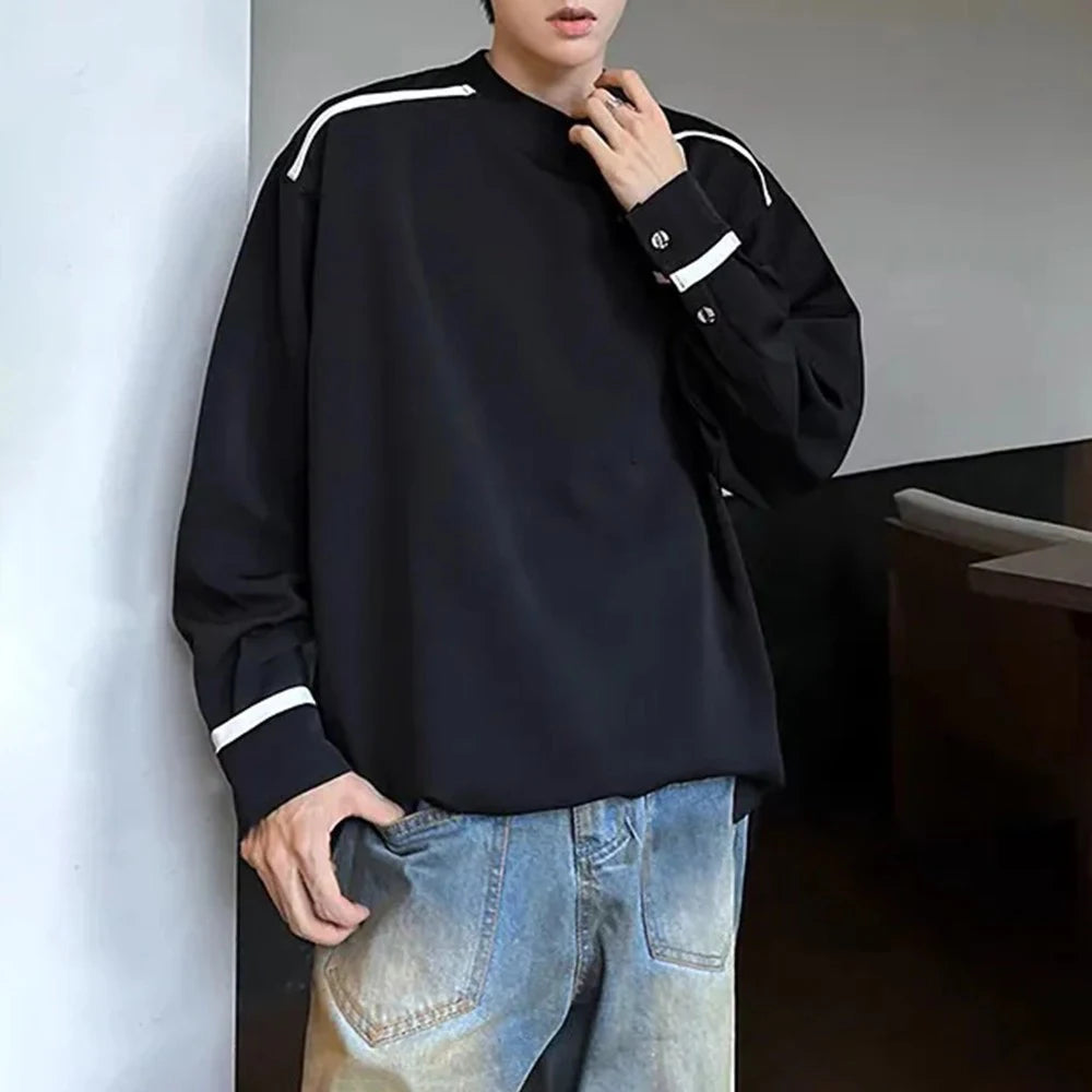 HEARUJOY  -  Mens T-Shirts Contrast Striped Casual T-Shirts Spring Streetwear Versatile Long-Sleeved Tops Old Money Men'S Clothing