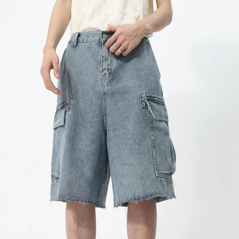 Hearujoy Men's Denim Shorts Knee Length Casual Zipper Loose Male Jeans New Korean Style Big Pocket Design Washed Overalls 9C5738