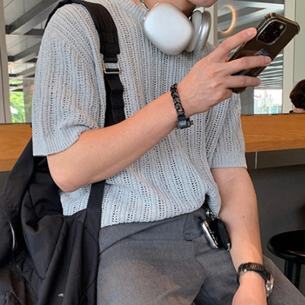 HEARUJOY  -  Fashion Knitted T-shirt For Men Top Tshirt Loose Fit Knitted Top Regular Length Garment Slight Stretch Material