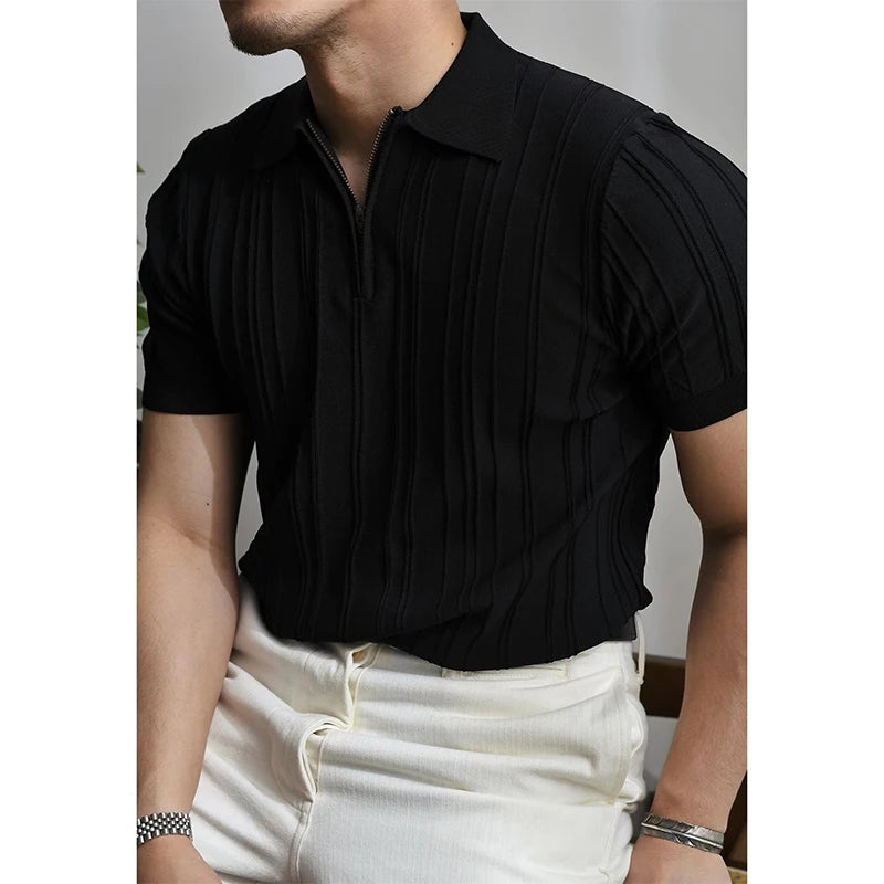 Hearujoy Summer Men's Clothing Light Luxury Zipper Polo Shirt Korean Solid Color Short Sleeve Retro Fashion Streetwear Leisure Knitwear