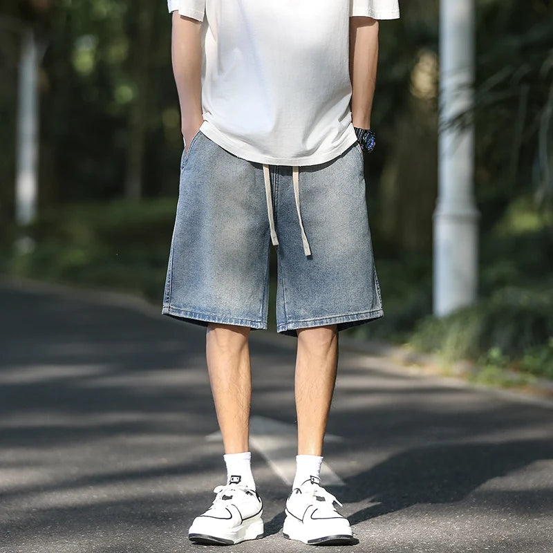 Hearujoy Summer Men's Wide Leg Denim Shorts Japanese Simple and Loose Fitting Casual Knee Length Capris Fashion Baggy  Versatile Shorts