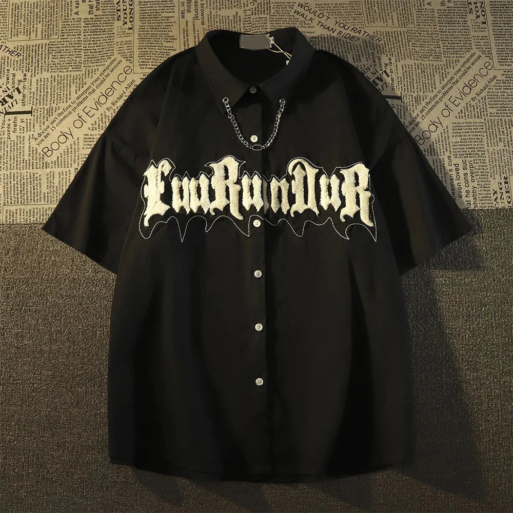 Hearujoy Mens Y2k Shirt Summer New Large Size American Fashion Short-Sleeved Shirt Hip-Hop Embroidered Letter Necklace Casual Shirt