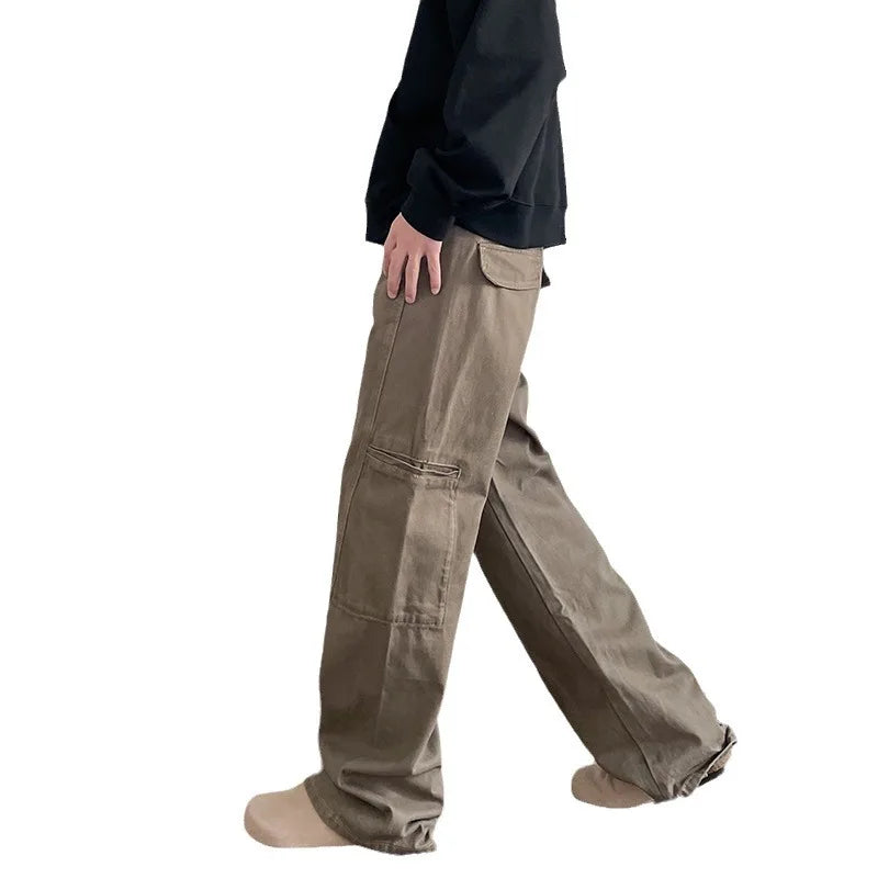 HEARUJOY  -  Vintage Cargo Pants For Men Cleanfit Style Straight Trousers High Street Retro Maillard Brown Multiple Pockets Casual Pants