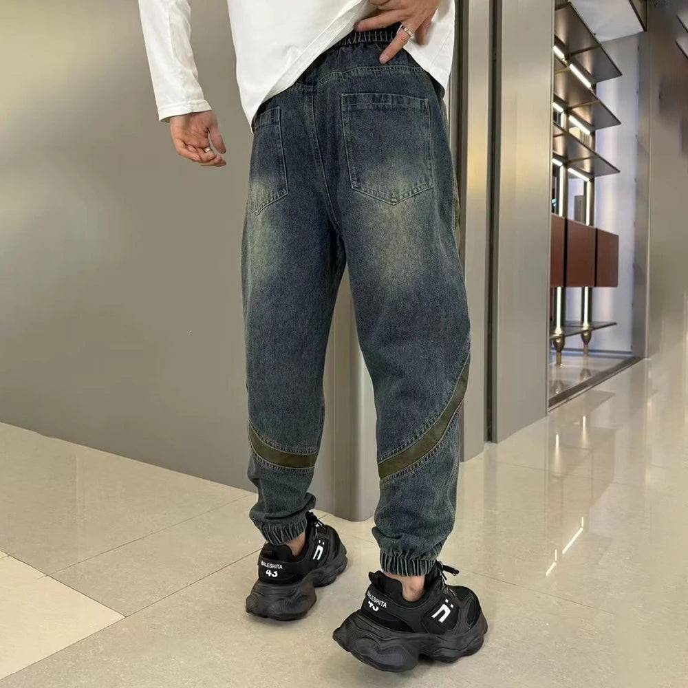 Hearujoy Mens Street Hip-Hop Y2k Jeans Autumn New Fashion Trend Contrast Color Stitching Trousers Loose Slim Elastic Waist Harem Pants