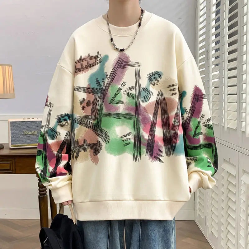HEARUJOY  -  Men's Long Sleeve T-Shirt Graffiti Spring Autumn New Trendy Round Neck Youth Base Layer Top