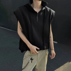 HEARUJOY  -  Mens Half Zipper Shoulder Pad Vest Streetwear Fashion Stand Collar Plain Personality Sleeveless Top Men'S Clothing 2025 New