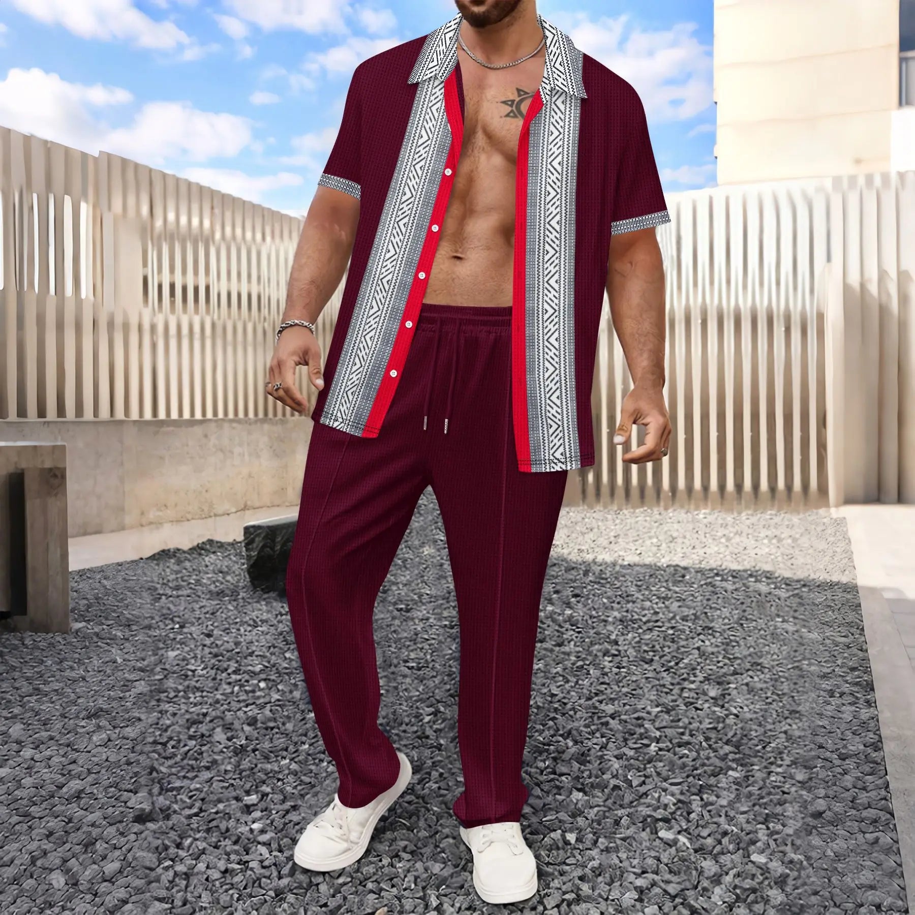 HEARUJOY  -  Summer Men Waffle Outfits Color Blocked Lapel Short Sleeve Shirts And drawstring Pants Two Piece Set Fashion Casual Suits