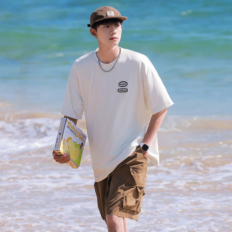 HEARUJOY  -  Korean Fashion Ins Trendy Brand Street Printed T Shirt Couple Summer Y2k Simple Hip-hop White Black Round Neck Sports Top Tees