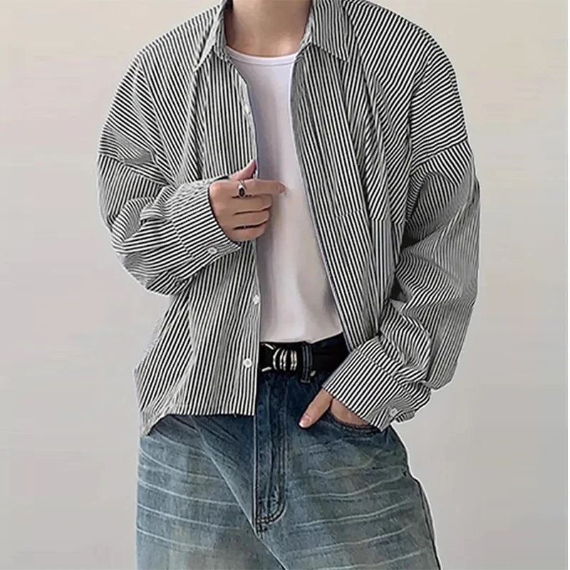 HEARUJOY  -  New Japanese Trendy Men Shirts Light Luxury Textured Lapel Striped Long Sleeve Cardigan Tops Leisure Premium Loose Blouse M-2XL
