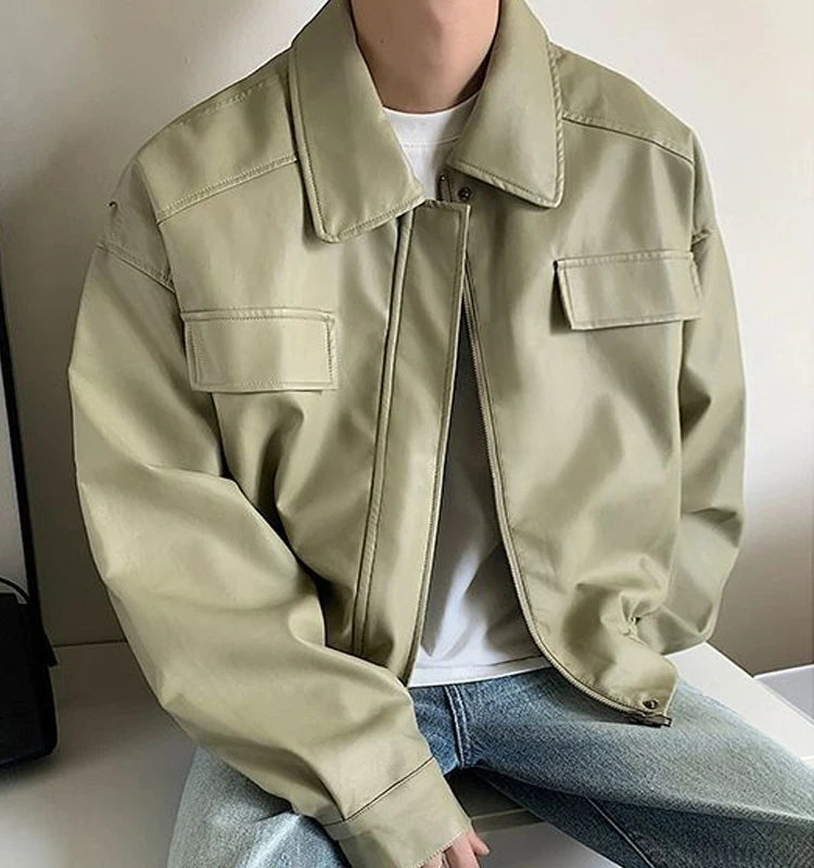HEARUJOY  -  Men's Casual Texture PU Leather Jacket High Street Zippers Turn-down Collar Long Sleeve Retro Coat with Pocket Spring Autumn