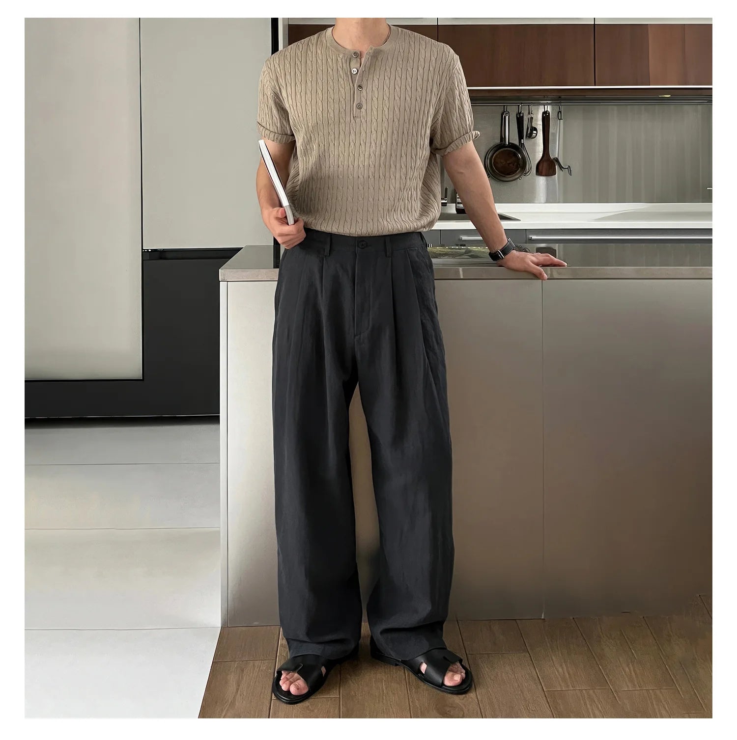 HEARUJOY  -  Men's Korean Light Luxury Draped Linen Wide Leg Pants Leisure Button-down Solid Color Straight Premium Elegant Sweatpants M-3XL