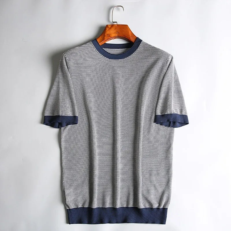 Hearujoy Summer Clothing Men's Korean Luxury Slim Knitted O Neck T Shirt Striped Short Sleeve Tees for Men Leisure Fashion Knitwear