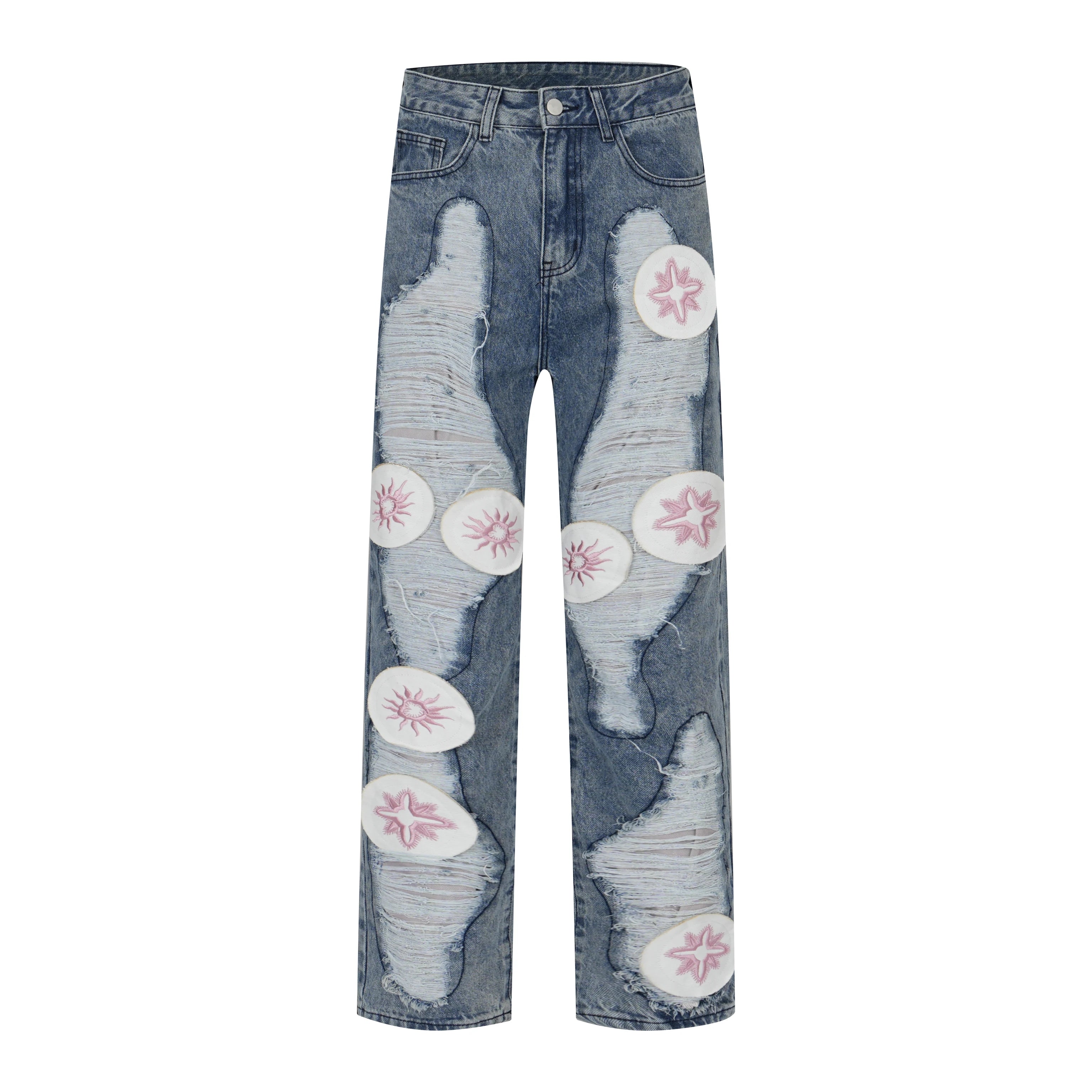 Hearujoy Y2k Streetwear Embroidered Ripped Wide Jeans for Men Washed Destroyed Torn Flared Jean Male Tassels Hip Hop Jeans Pants Baggy