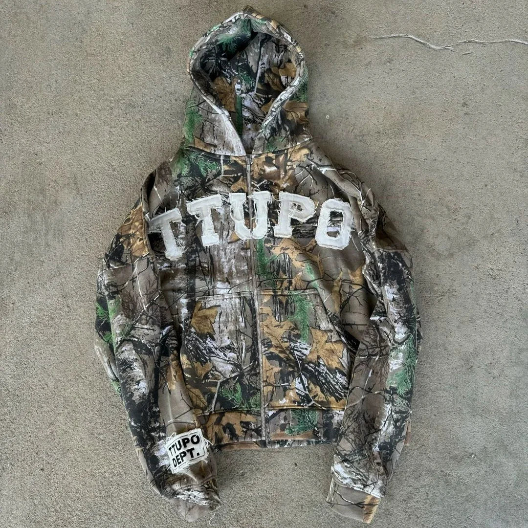 Hearujoy European and American Retro Camouflage Embroidered Letter Zipper Hoodies Men Women Street Hip-hop Hoodie Y2K Loose Harajuku Tops