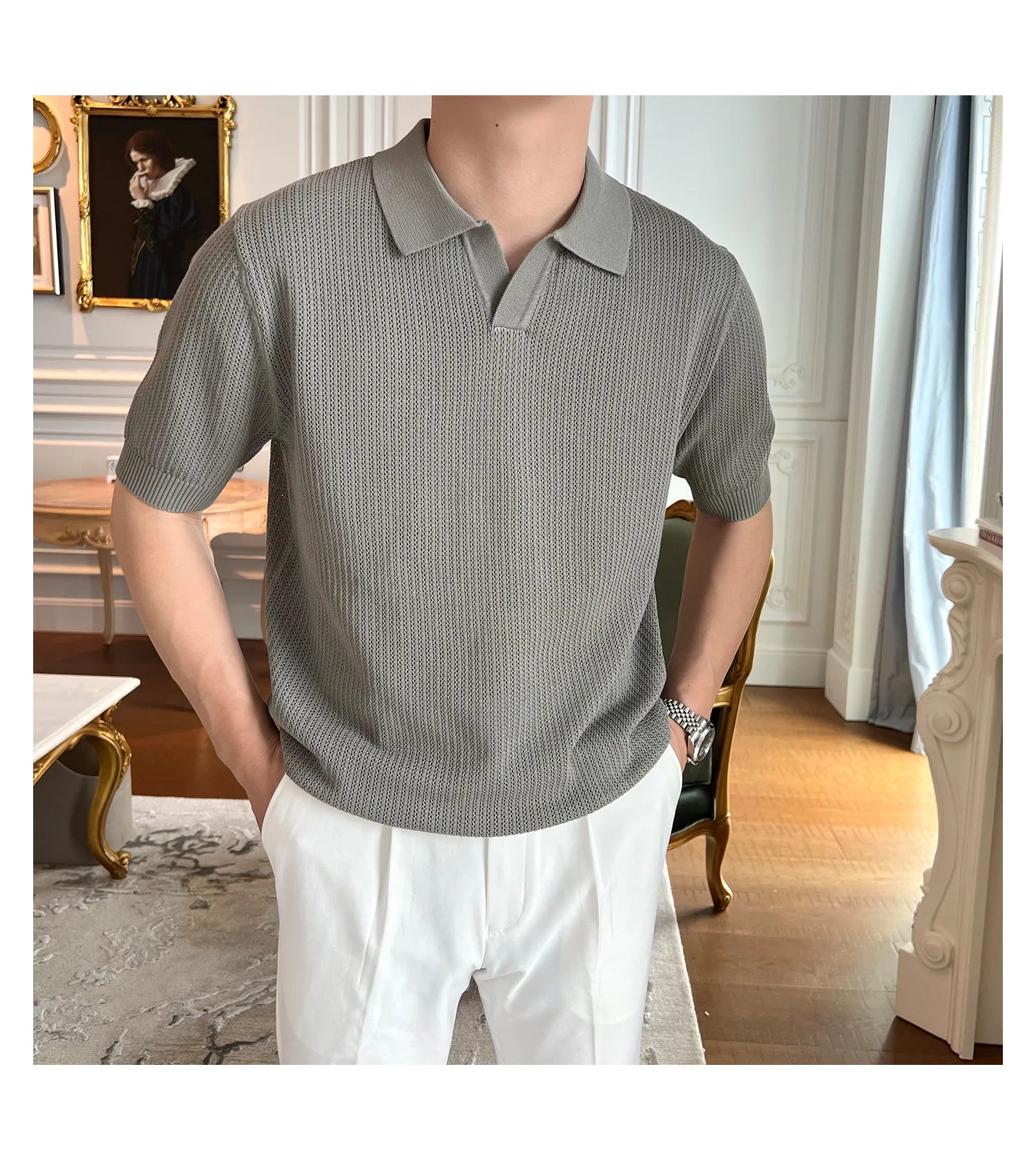 HEARUJOY  -  New Fashion Business Tops Men's Polo Shirt Light Luxury Leisure Knitted V Neck T-shirts for Man Korean Popular Short Sleeve Tees