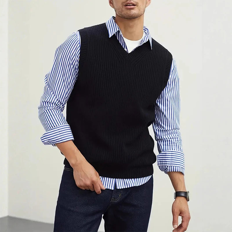 HEARUJOY  -  New Popular Preppy Style Men Sweater Vest Casual Knitted Streetwear Solid Color V Neck Waistcoat Leisure High Quality Knitwear