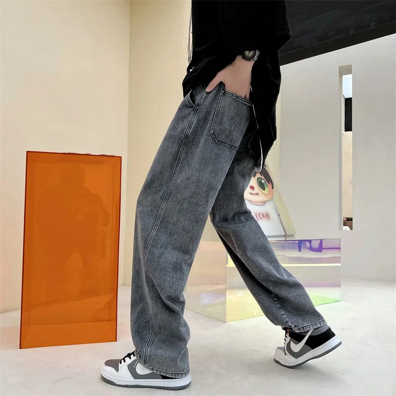 Hearujoy Neutral Simple Solid Long Jeans Men Korean Style Fashion High Street Loose Casual Jean Pants Male Daliy All-match Trousers