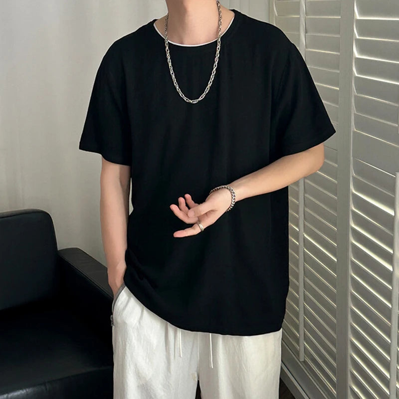 HEARUJOY  -  Korean Style Men's T-shirts Round Collar Short Sleeved Solid Color Mensweae New Summer Pullover Loose Male Tees