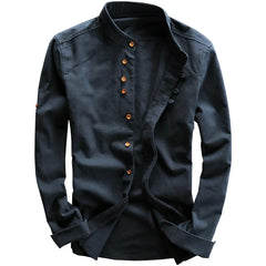 HEARUJOY  -  Vintage High Quality Linen Shirt For Men Long Sleeve Stand Neck Slim Fit Top Chinese Style Retro Blouse Streetwear Plus Size 7XL