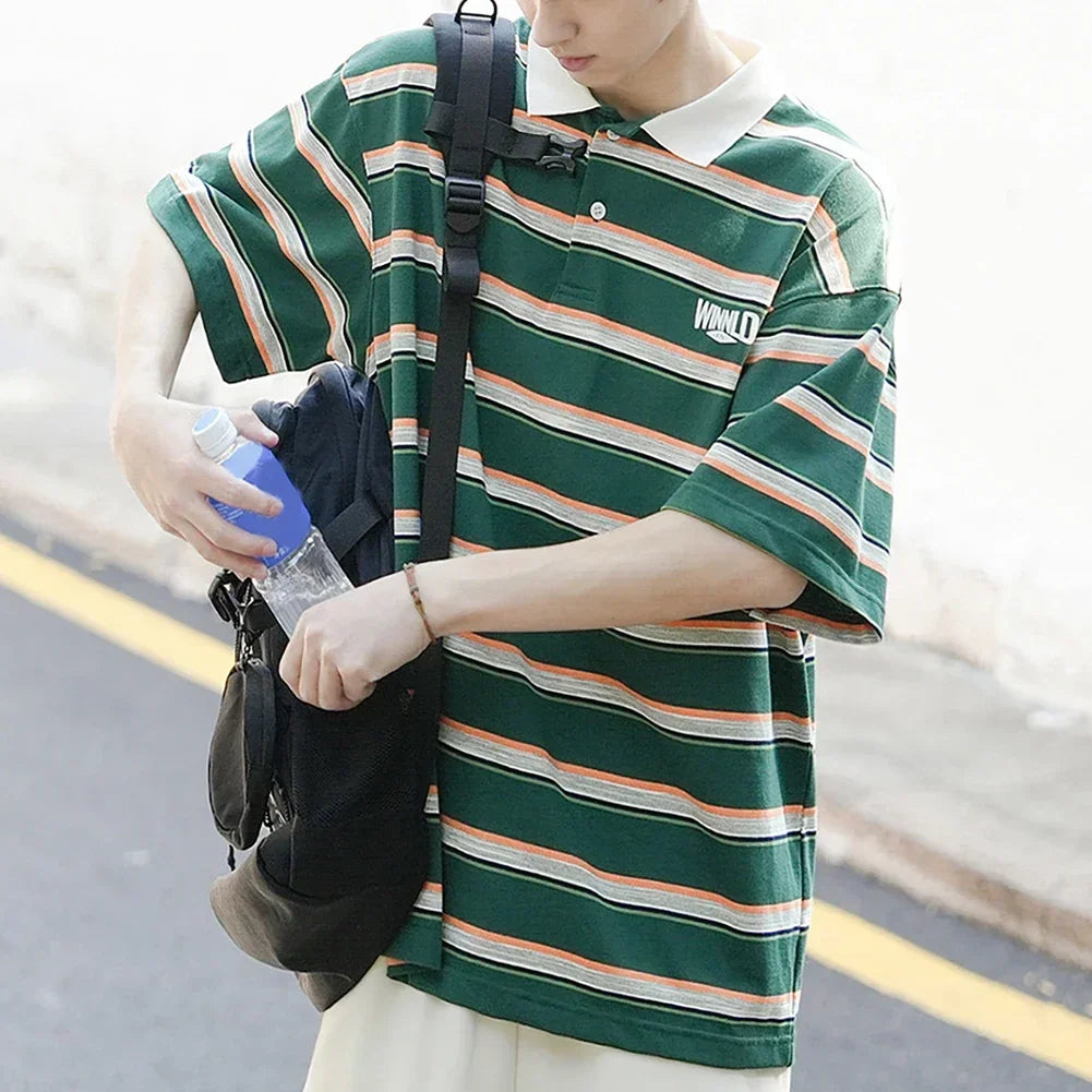 HEARUJOY  -  Casual Summer 2XL Mens Summer T-Shirts Casual Striped Short Sleeve Shirts Vintage Short Sleeve Tops Lapel Neckline