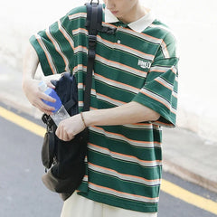 HEARUJOY  -  Casual Summer 2XL Mens Summer T-Shirts Casual Striped Short Sleeve Shirts Vintage Short Sleeve Tops Lapel Neckline