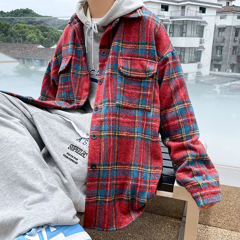 Hearujoy Thick Plaid Woolen Coat Men Warm Oversized Retro Thickened Woolen Jacket Mens Streetwear Korean Loose Short Woolen Coat Men