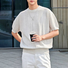 HEARUJOY  -  Men's Knitted Solid Color Short-Sleeved T-Shirt American Fashion Trend Casual Simple Loose Breathable Summer New Men's Tops