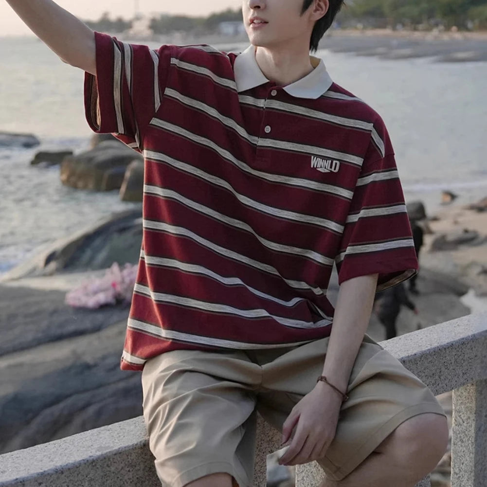 HEARUJOY  -  Casual Summer 2XL Mens Summer T-Shirts Casual Striped Short Sleeve Shirts Vintage Short Sleeve Tops Lapel Neckline