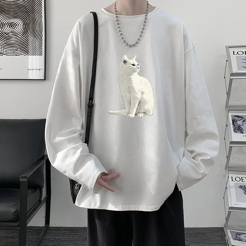 HEARUJOY  -  Men's Plain T-shirts Cotton Full Sleeves Fashion White Mens Oversized T Shirt Casual Wear Cat Walking Print Tee Shirts for Men