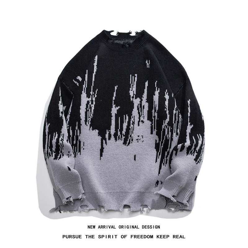 Hearujoy Winter Tie Dye Sweater Men Warm Hole Sweater Men Jumper Clothes Streetwear Loose Long Sleeved Sweater Mens Knitted Pullover