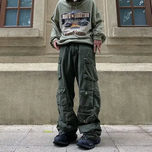 Hearujoy Harajuku Retro Solid Multi Pocket Wide Leg Cargo Pants Functional High Waist Pants Style Hip-Hop Straight Trousers Women Jeans